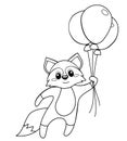 Cute little fox flying with balloons. Black and white vector illustration for coloring book